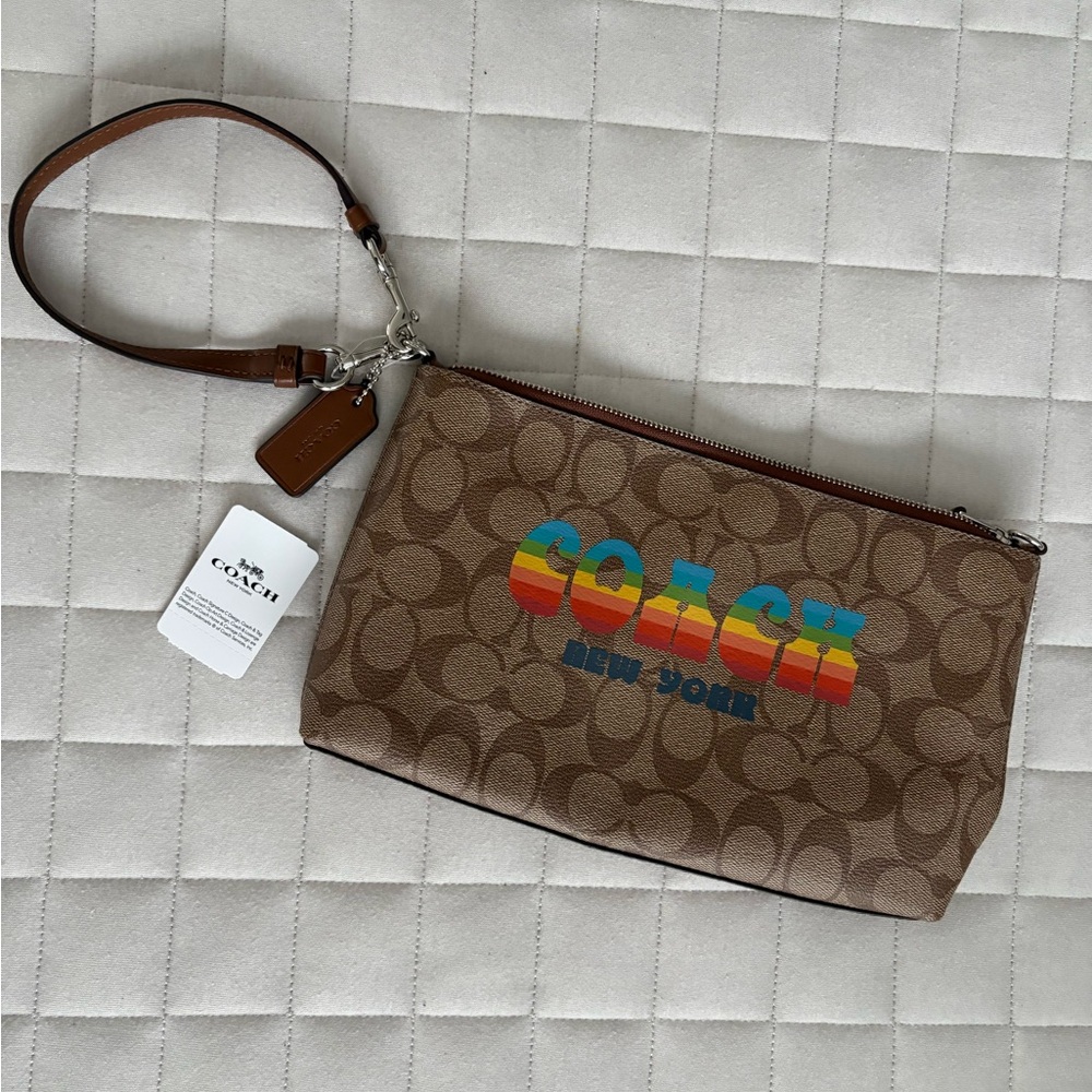 Coach Brown Wristlet Bag w/ Rainbow Logo